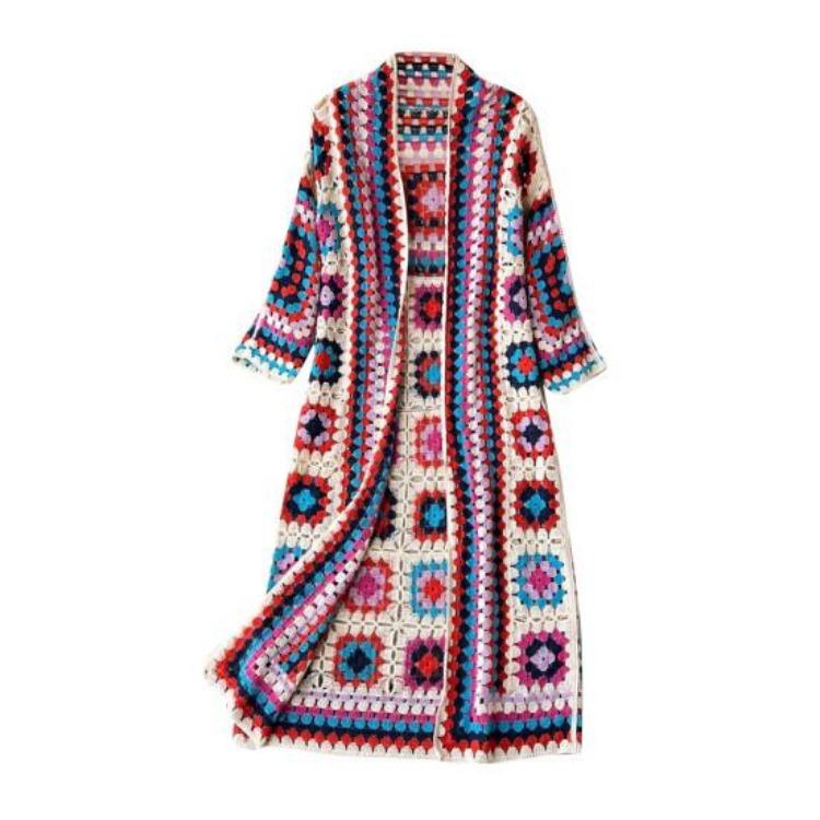 

Вязаный шаль-свитер в богемном стиле, с ажурными рукавами, дизайн с вышивкой крючком, свободный кардиган-пальто красный