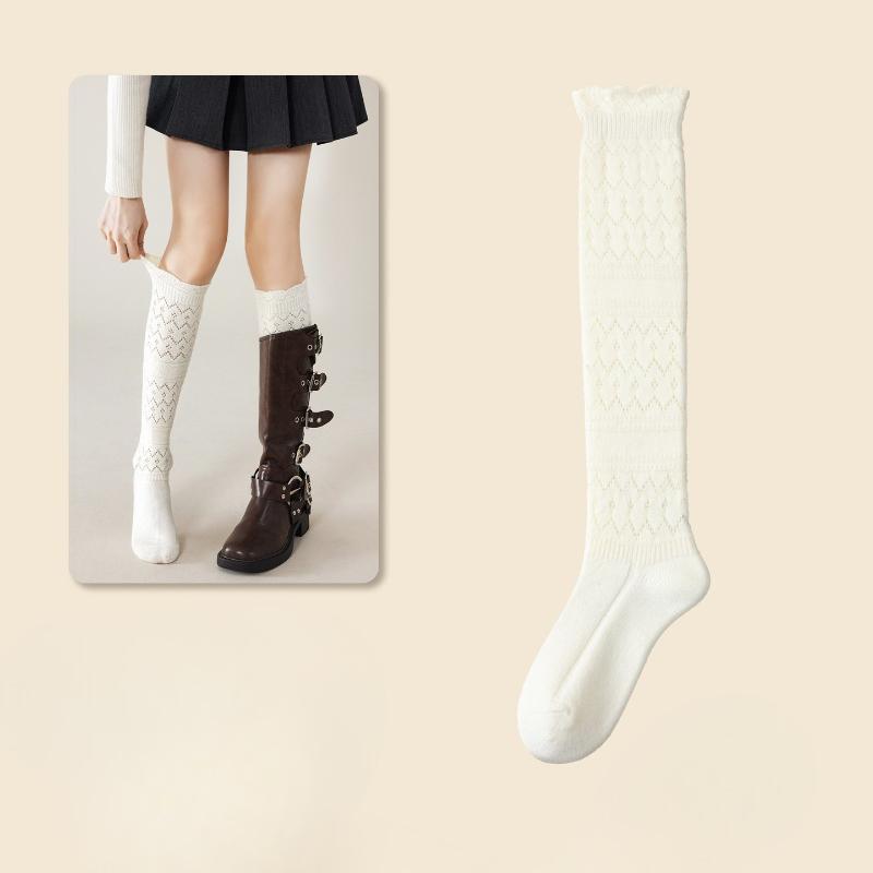 Short Leg Stockings - Autumn/Winter Style with Openwork Lace and Solid Color. Long Stockings for Girls and Women. Trendy Pile-style Stockings.