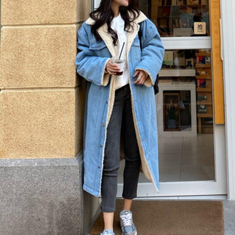 

Новая универсальная толстая джинсовая теплая куртка с длинными рукавами из овечьей шерсти на осень/зиму XL синий