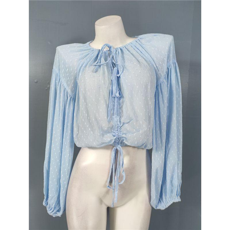 

Shoelace Lady Casual Long Sleeves Perspective Loose Tops Sky Blue L