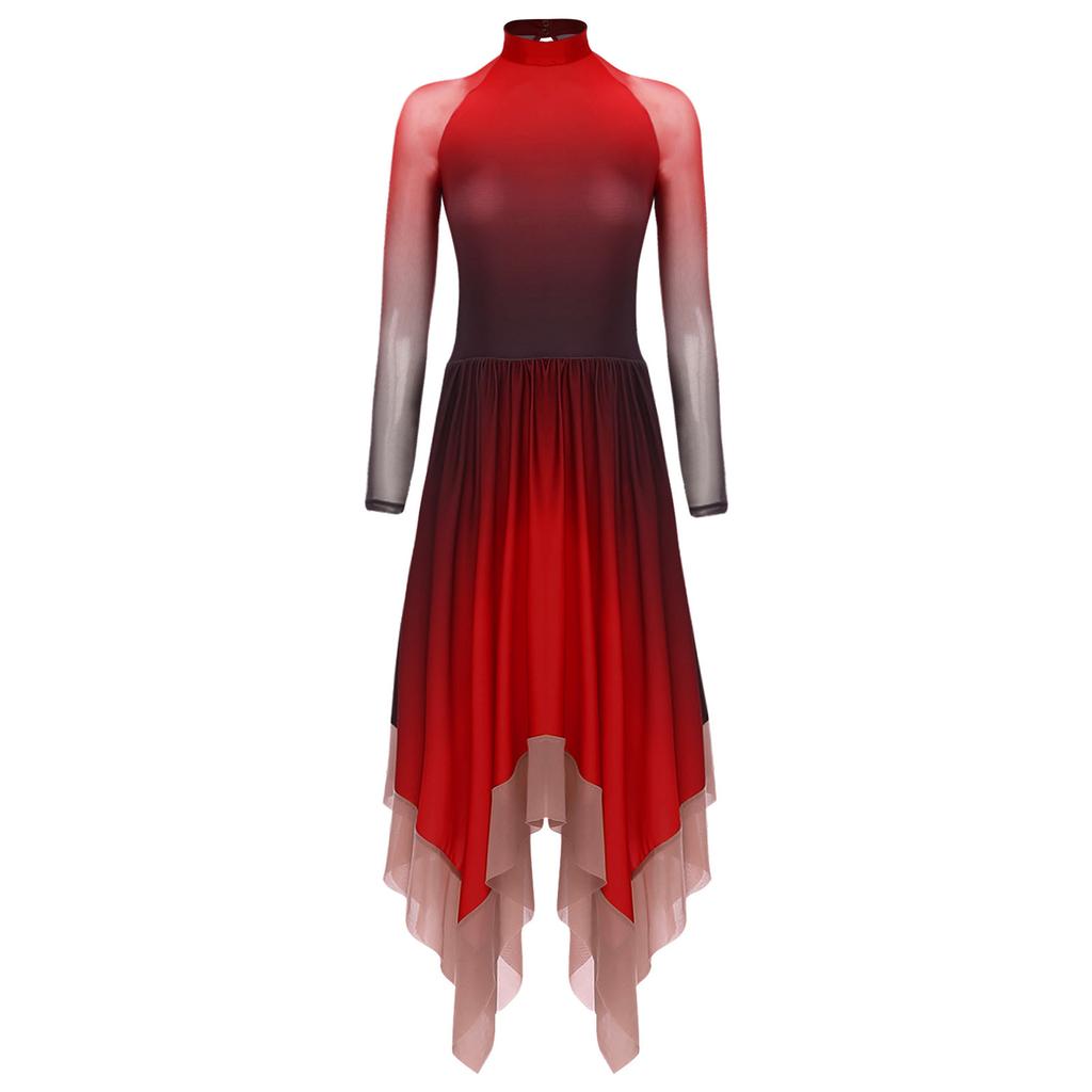 Womens Lyrical Dance Gradient Dress Mesh Long Sleeve Irregular Hem Back Keyhole Leotard Figure Skating Modern Costume
