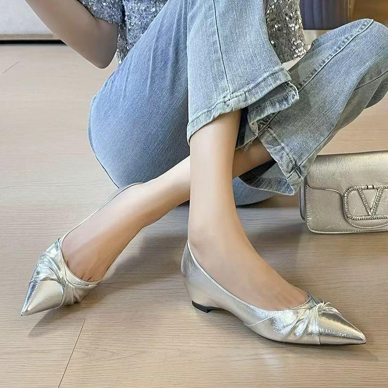French Temperament Silver Kink Evening Shoes Women's Pointed Head Shallow Mouth Inner Height Increase Single Shoes Wedge Heel Flat Shoes Versatile La