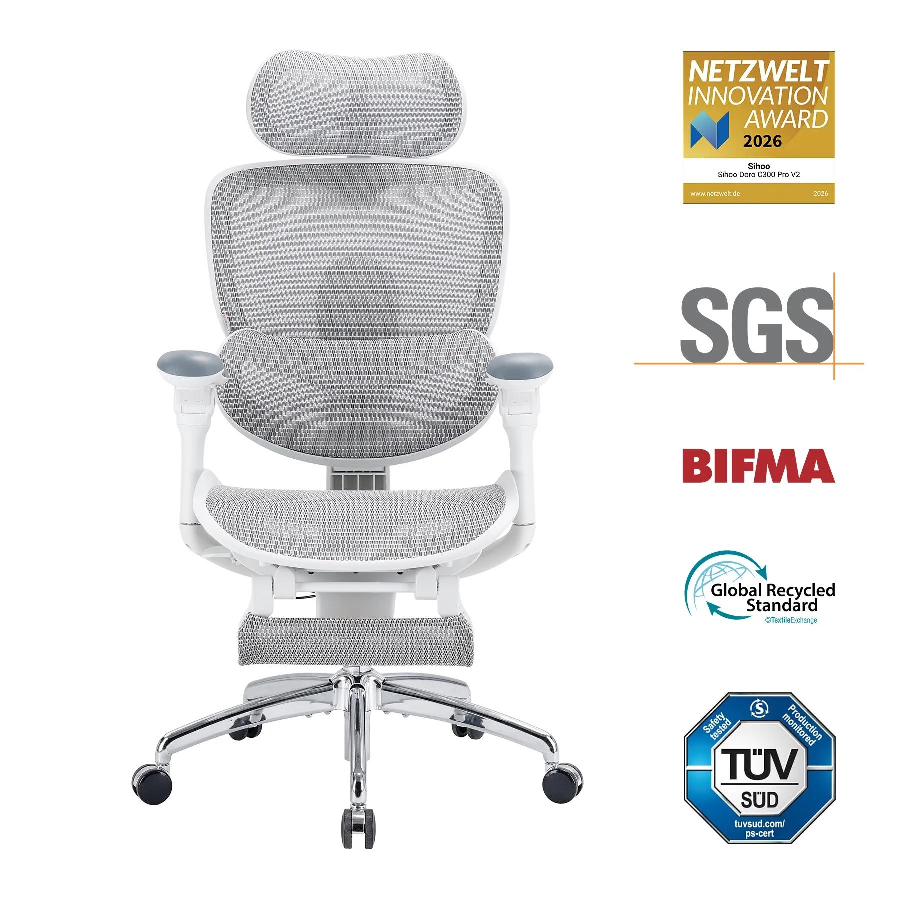 Sihoo Doro C300 Pro V2 JT - Ergonomische Bureaustoel met Full-Body Support Systeem, Zelfaanpassende Lendensteun 2.0, 3D Superwide Hoofdsteun, 8D Bionische Armleuningen, Verstelbare Zitdiepte (43-47 cm) en 135° Kantelmechanisme-Geschikt tot 150kg Wit