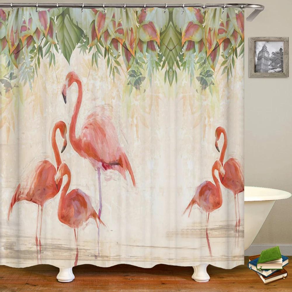 Flamingo Shower Curtain 3D Printing Plants Flowers Birds Waterproof Polyester Curtain Beach Shower Curtains Bathroom Home Decor