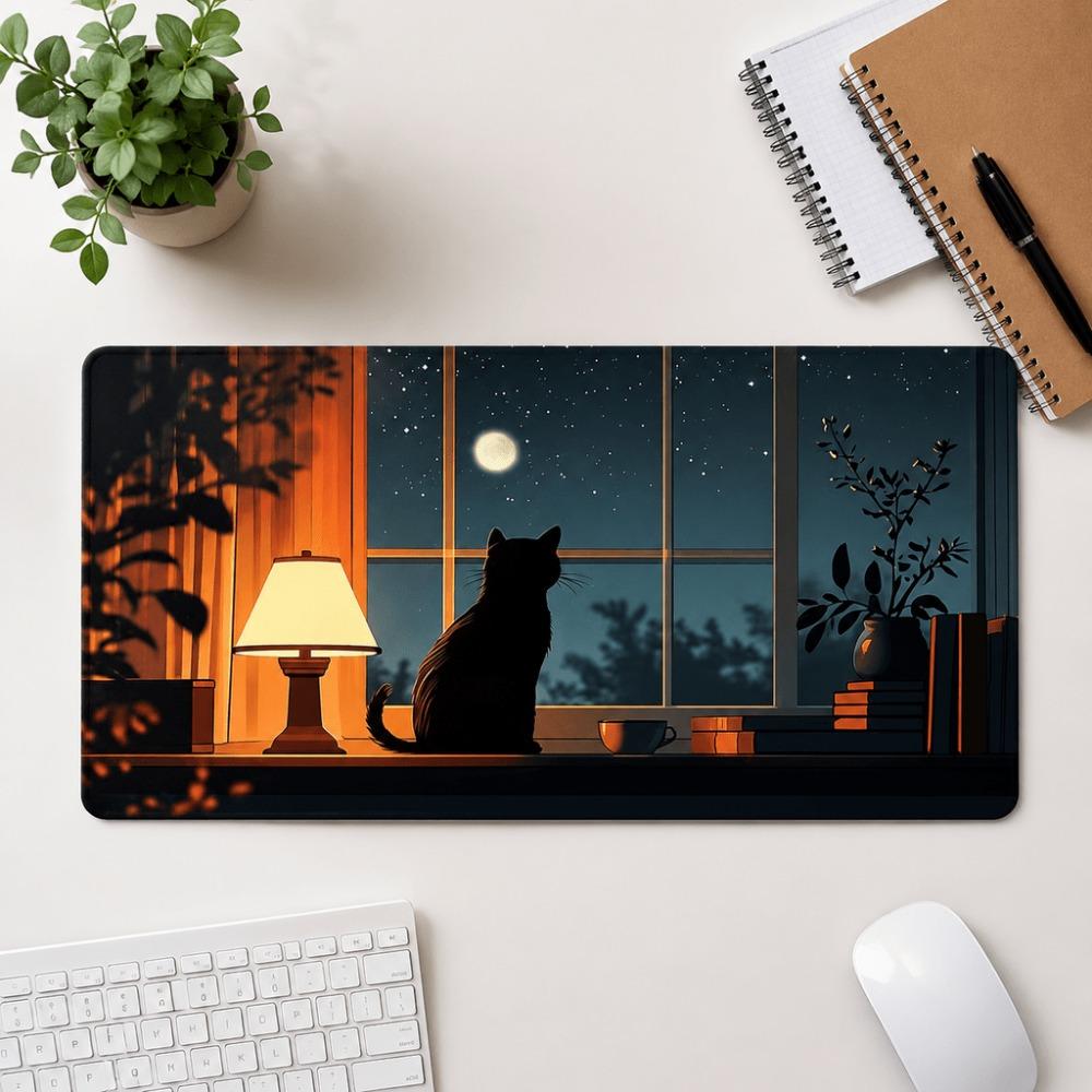 Original Cat Window Night Print Simple Style Suitable For Office And Home Office Desk Users Silica Mud With Seamless Edges