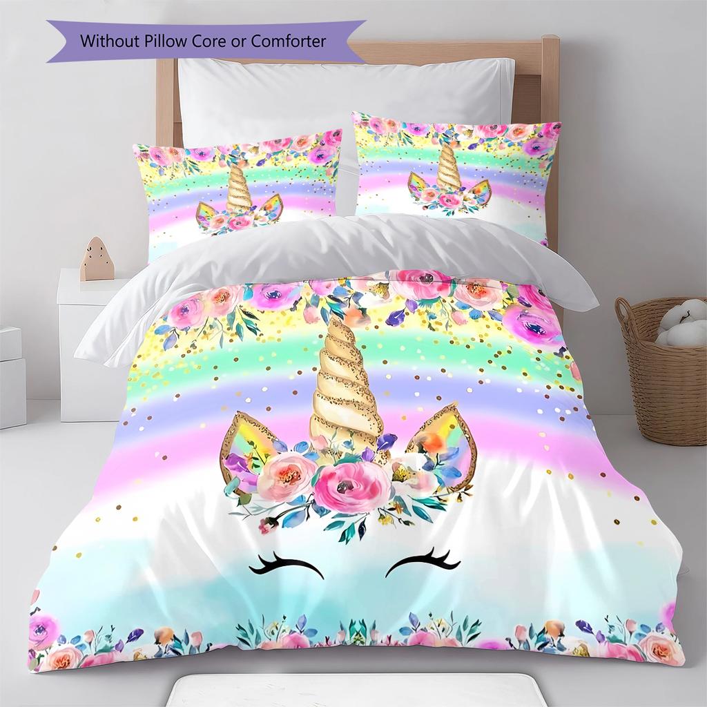 Colorful Uni-horse Pattern Bedding Quilt Set Quilt Cover Pillowcase Home Decoration Gift (1 * duvet cover + 2 * pillowcase, without core)