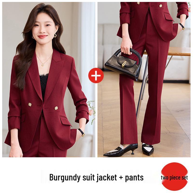 Wine Red Petite Women's Professional Suit Set for Broadcasters and Art Exams