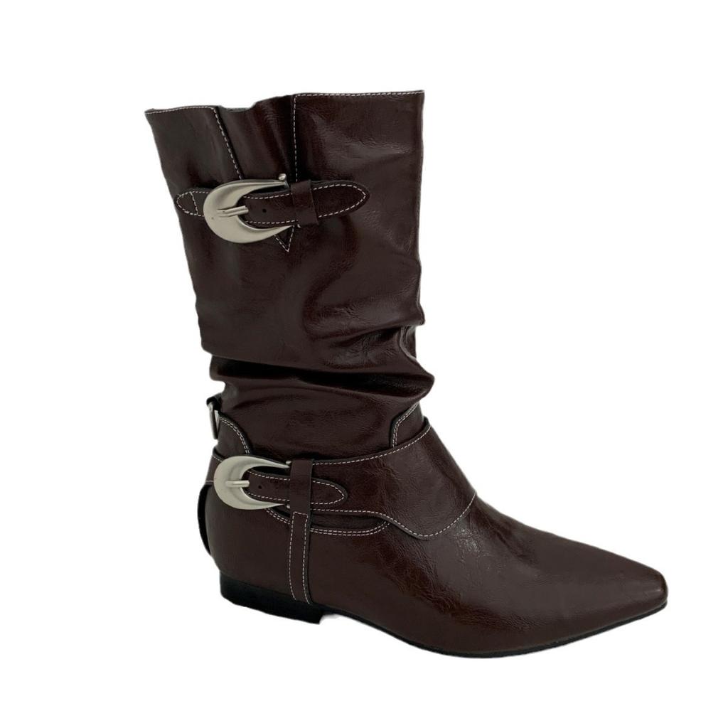 Cowhide Version Niche Design Belt Buckle Martin Boots Medium Boots Women'S Season Pointed Head Flat-Bottomed Cowboy Boots