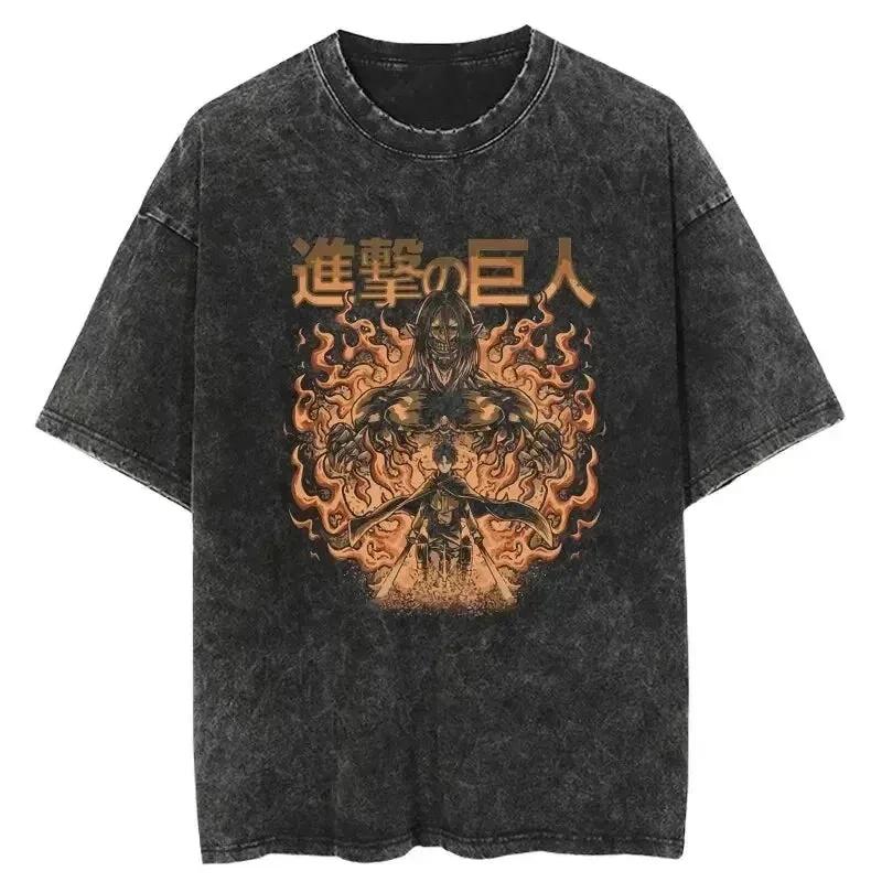 Attack On Titan Men's and Women's Washed T-Shirt Eren Yeager Summer Spring Anime Cotton Tee Retro Distressed Y2k Short Sleeve