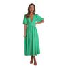Women's Bohemian Long Dress Deep V Neck Puff Short Sleeve Swing Dress Summer Tiered Flowy A Line Midi Dress