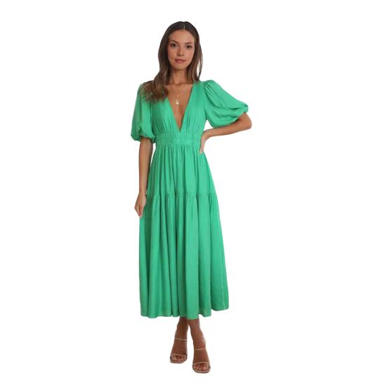 Women's Bohemian Long Dress Deep V Neck Puff Short Sleeve Swing Dress Summer Tiered Flowy A Line Midi Dress