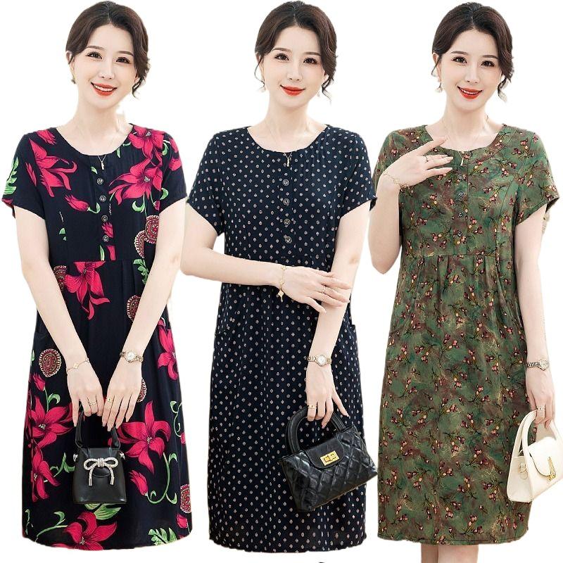 Summer Cotton Silk Dress for Middle-Aged & Elderly Women - Plus Size, Mid-Length, Short Sleeve, Loose Fit for 50s & 60s Mothers