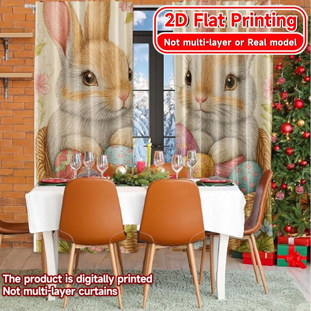 Set Of 2 Minimalist Flat Printing Easter Basket Bunnies Chic Curtains Fabric Outdoor Decorations Living Room Curtain Polyester Ideal For Sitting