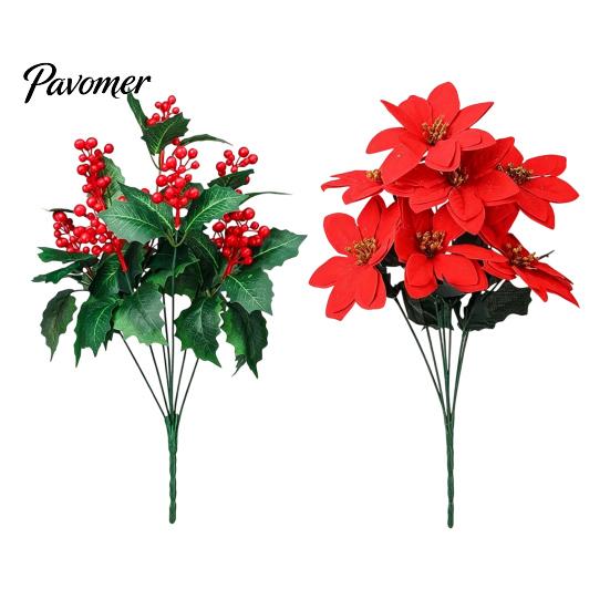 Vibrant Red Poinsettia Bunch for Home Artificial Flowers, Christmas Bouquet with Berries, Faux Silk Synthetic Flower Decoration Floral Stems