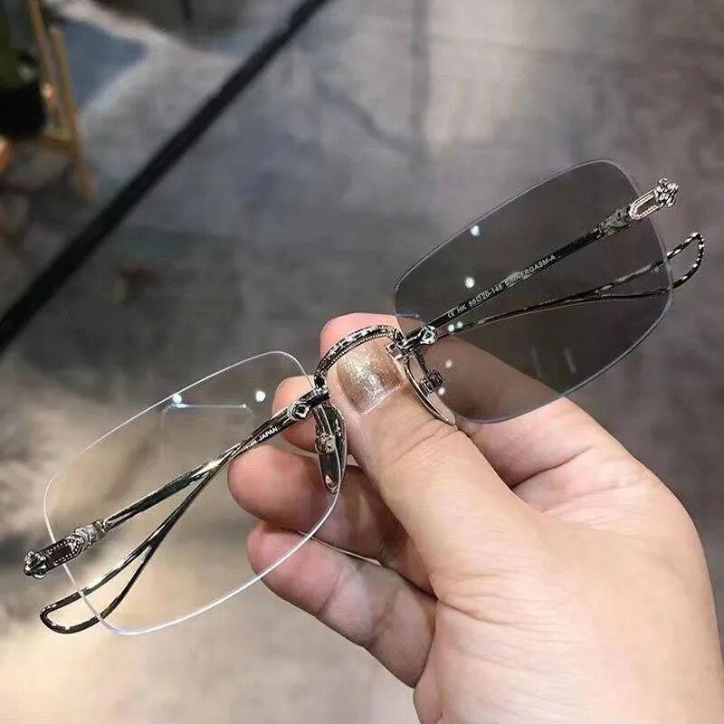 Pochromic Anti-blue Glasses Frameless Temperament Flat Lens Burst Glasses Men Sunglasses