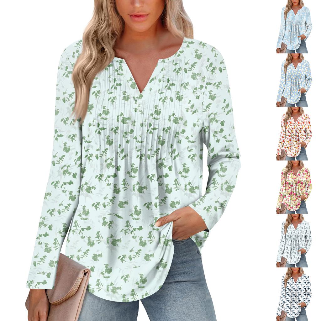 Dámská móda Ležérní Plisované Tričko s V výstřihem a Dlouhým Rukávem Elegantní Top