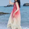French Vacation Gradient Spaghetti Strap Chiffon Maxi Dress - Women's Beach Holiday Summer Skirt