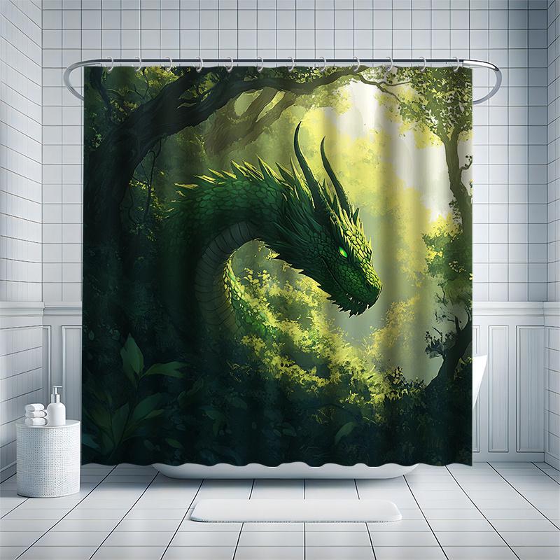 Dschungelgrünes Drachen Duschvorhang Set - Fantasie Drache, Voller Grünpflanzen, Polyester Stoff, Moderne Badezimmer Deko