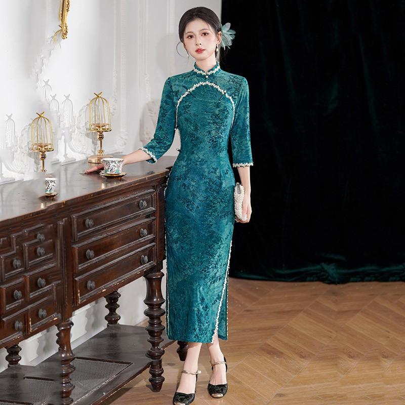 Womens Modern Chinese-Inspired Long Sleeve Cheongsam Dress Slim Fit Vintage Style Small