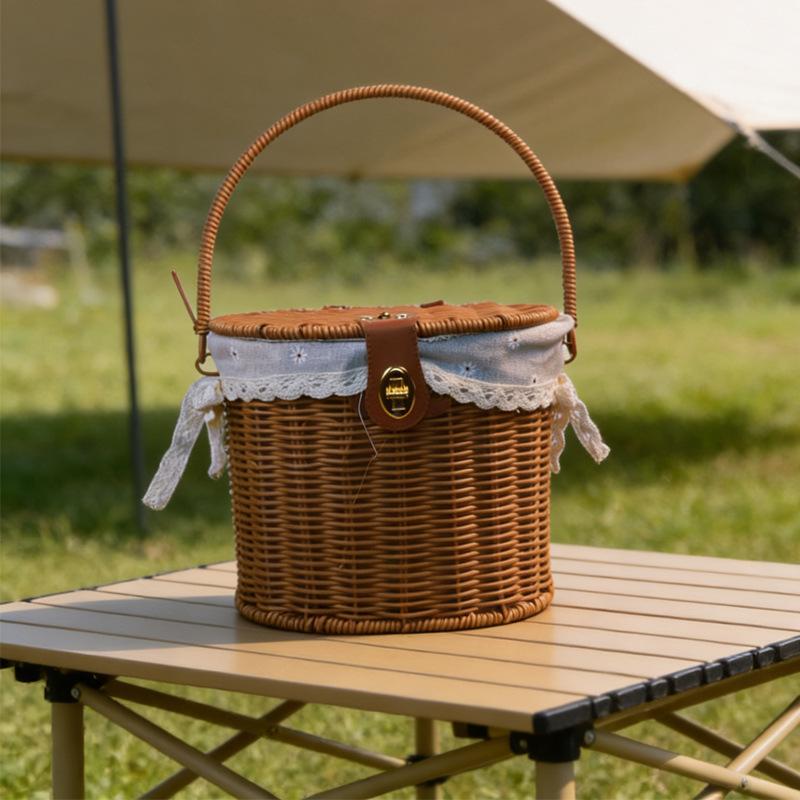 Cesto da Picnic in Rattan Intrecciato a Mano Design a Pizzo Cesto Portaoggetti Portatile in Vimini con Coperchio per Campeggio all'Aperto Regalo Decorazione per la Casa