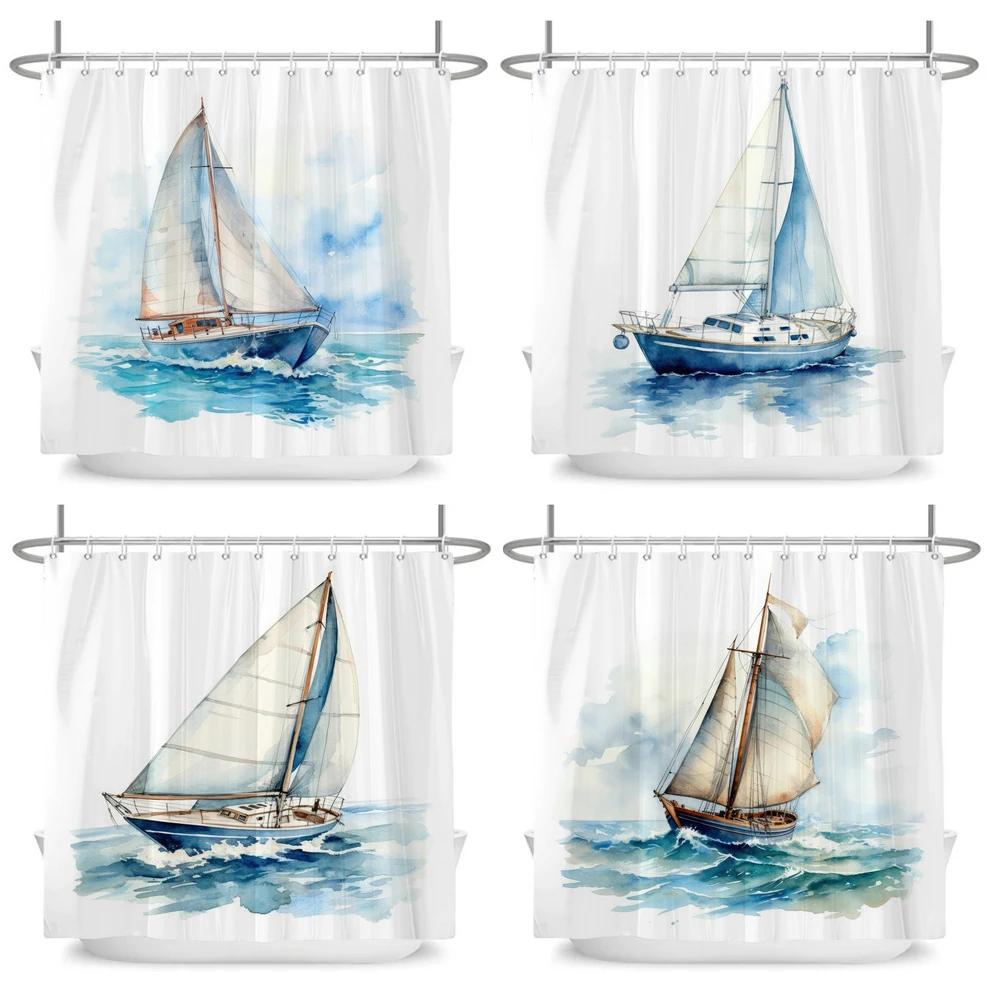 Nordic style Ocean Sailboat Print Fabric Waterproof Shower Curtain with Hooks For Bathtub Bathroom Screens Home Decor Wall Cloth