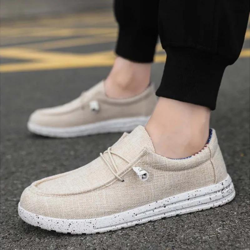 Fashion 2025 Men's Breathable Casual Canvas Slip Shoes Outdoor Loafers Breathable Slip On Flats Male Vulcanized Shoes Driving Boat Shoes