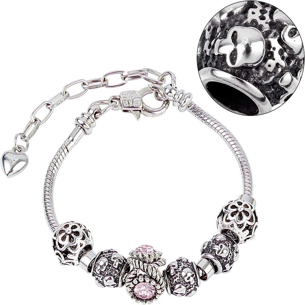 Halloween 316 Surgical Stainless Steel European Beads, Large Hole Beads, Barrel with Skull, Antique Silver, 8.5x9.5mm, Hole: 4.5mm, 10pcs/box