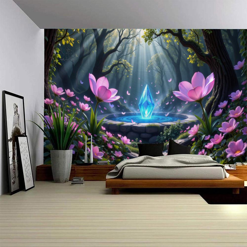 Magic Forest Flower Tapestry - Lotus & Rose Scene Fabric Mural for Home Dormitory Bedroom Garden Aesthetic Decor