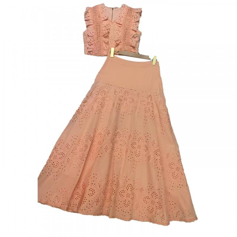 Holiday Style Beach Dress Suit Collar Sleeveless Fungus Rimmed Top + High-waist Skirt
