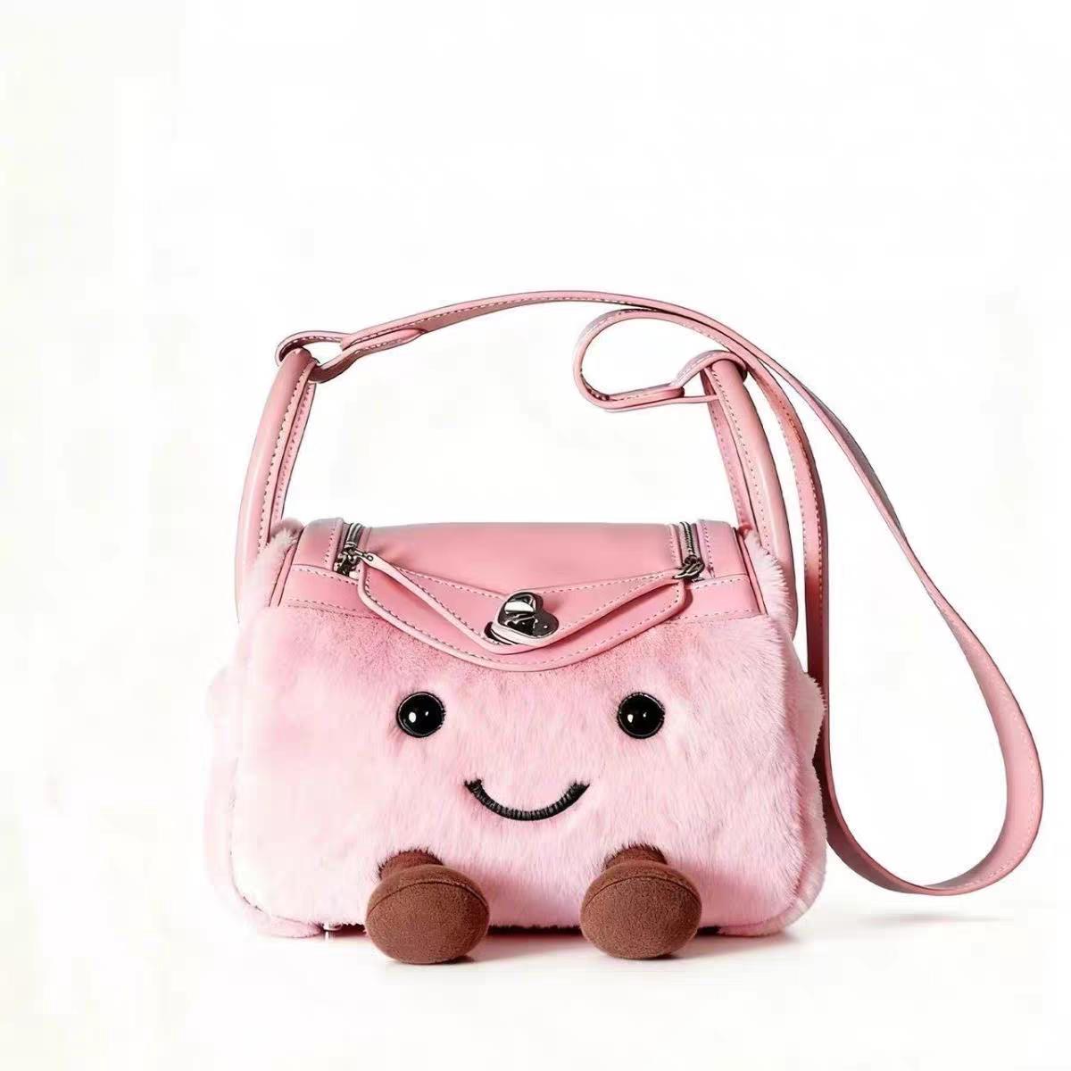 Cute Plush Crossbody Bag Pure Cotton Square Shape With Lock Buckle Medium Size Stylish Commuter Shoulder Bag For Youth розовый