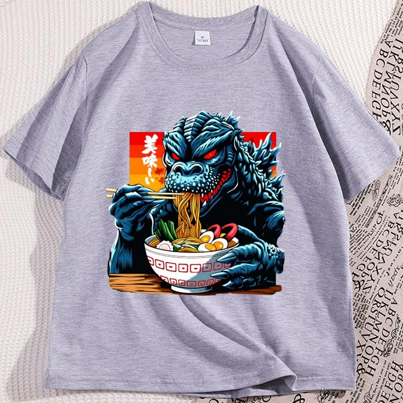 Funny Kaiju Eating Ramen Tshirt Japanese Monster Noodle Design T Shirt Anime Food Printed Tshirt Men Women Short Sleeve Tees
