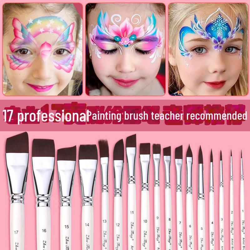 17-Piece Face Painting Brush Set for Various Artistic Techniques Like Line Work, Embossing, Blending, and More.