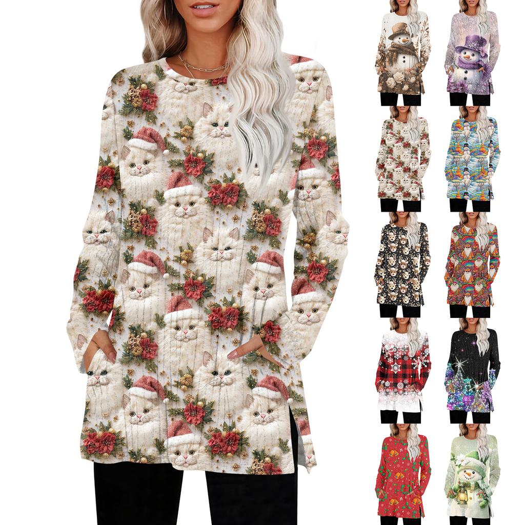 Women's Christmas Printed Round-neck Long-sleeved Top With Pockets And Side Slits