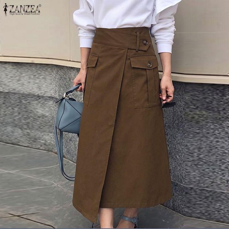 ZANZEA Women Casual Elastic Waist Solid Color Midi Skirts