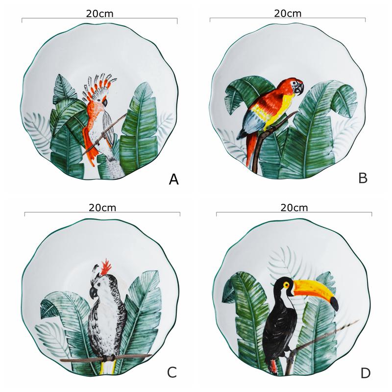 

8-дюймовая обеденная тарелка с птицей, глазурованная керамическая посуда с изображением леса, поднос для десерта, сервировочная тарелка с изображением цветка и попугая для пасты, подходит для микроволновой печи