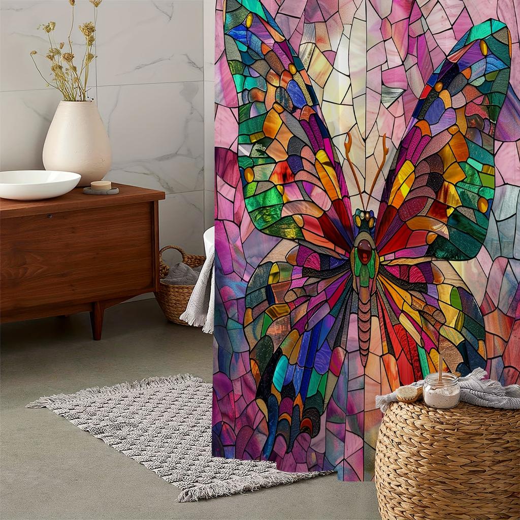 Stained Glass Butterfly Waterproof Mildew-Resistant Shower Curtain - Vibrant Design For A Stunning Bathroom Dcor Experience