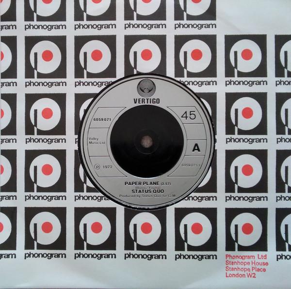 

7inch Record STATUS QUO - Paper Plane 6059071 Vertigo 1972 UK Rock Used