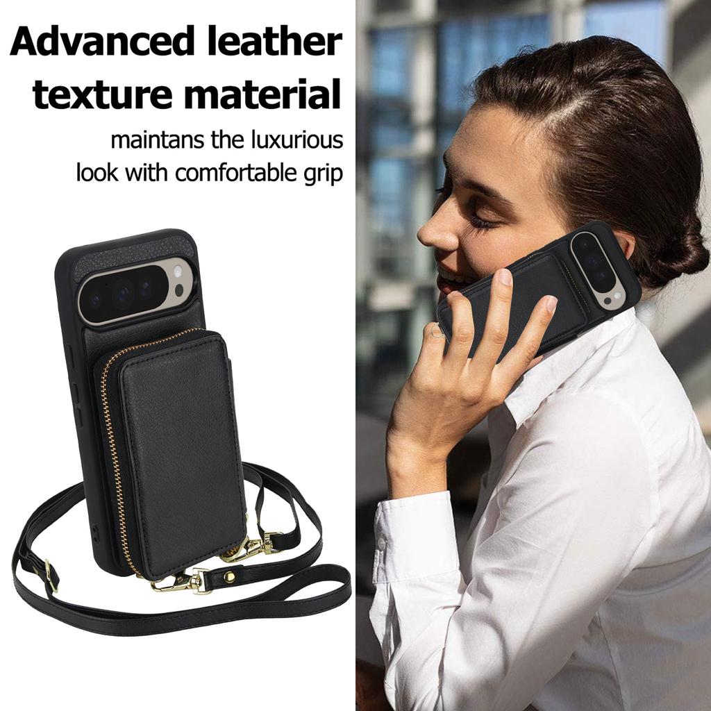 For Google Pixel 9/9 Pro Case RFID Blocking Zipper Wallet Leather + TPU Phone Cover with Shoulder Strap