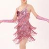 Kids Girls Latin Jazz Dance Dress Sparkly Sequins Tassel Dress with Gloves Outfit Ballroom Dance Competition Practice Costumes