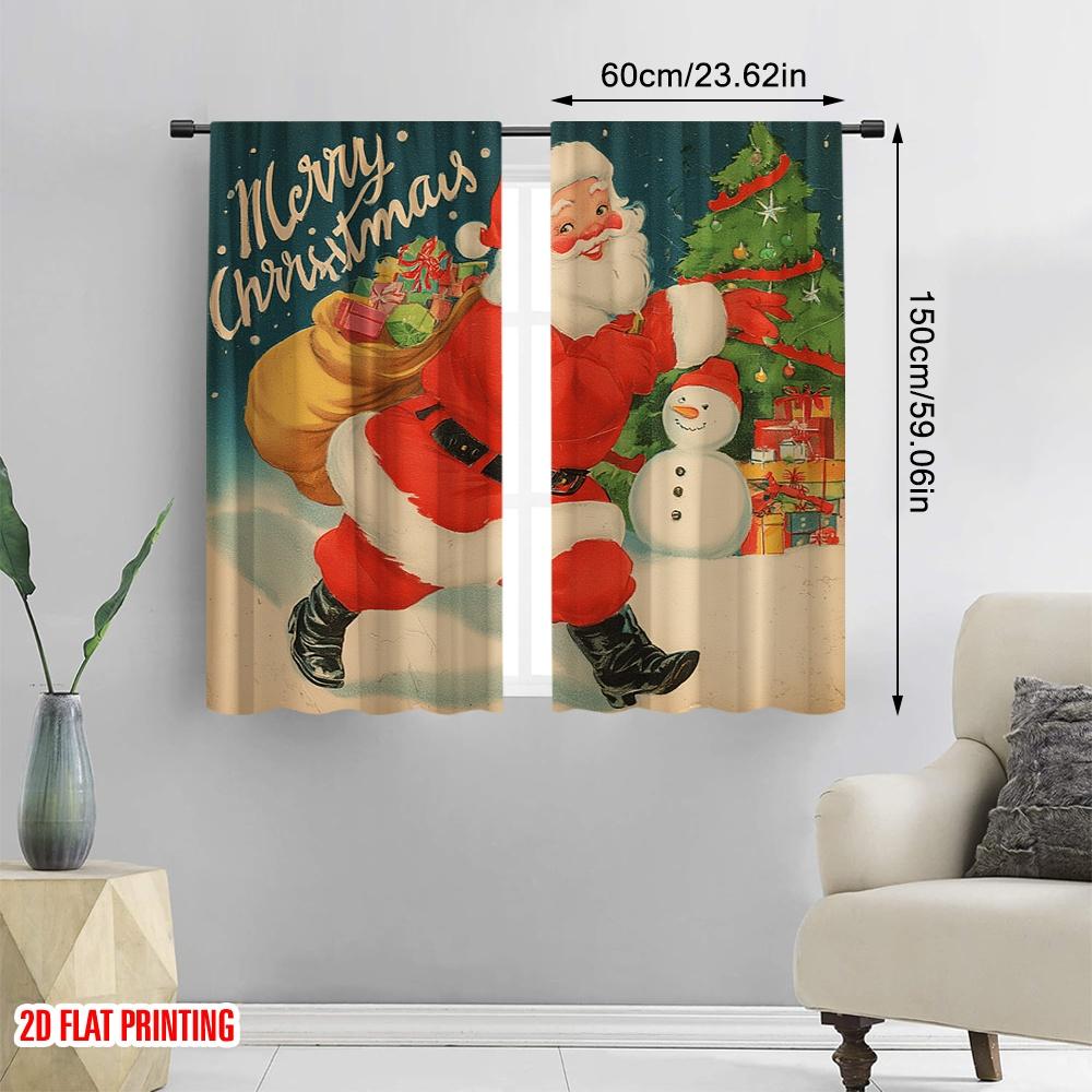 2pcs,2D Plane Printing Print Curtains Vintage Santa Claus with Snowman & Tree 100% Polyester (without Rod) Festive Ldeal for