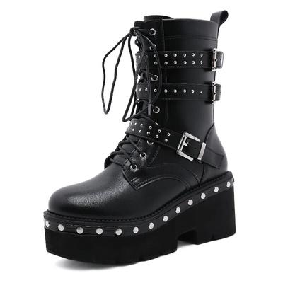 8cm Heels Neue Metall Niet Kurze Stiefel Europäischen Dicken Sohlen Lokomotive Stiefel Seite Reißverschluss Große Weibliche Lhx