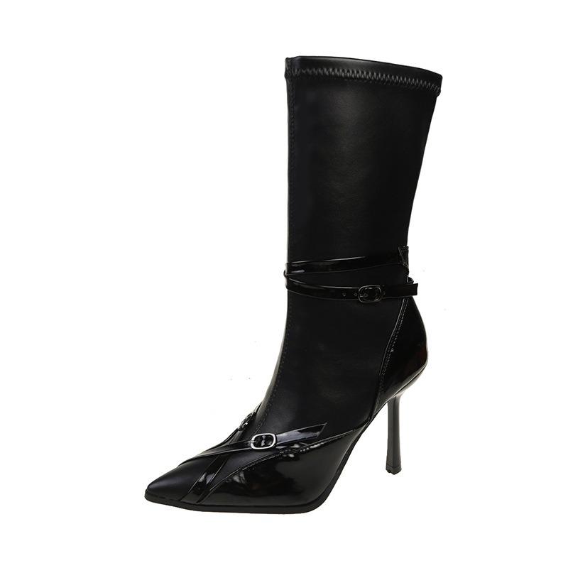 Pointed Fashion Medium Boots Women's Thin Heels Autumn and Winter New Design Cross Strap High Heels Thin Boots