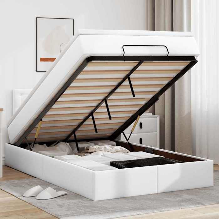 Cadre de lit avec matelas - Maison Exclusive - 120x200 cm - Similicuir blanc - Rangement sous le lit