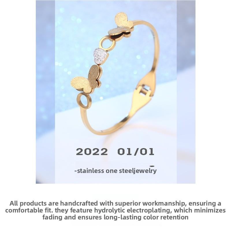 Heart-shaped diamond-studded titanium steel bracelet, double-sided brushed butterfly stainless steel bracelet, women's gold bracelet