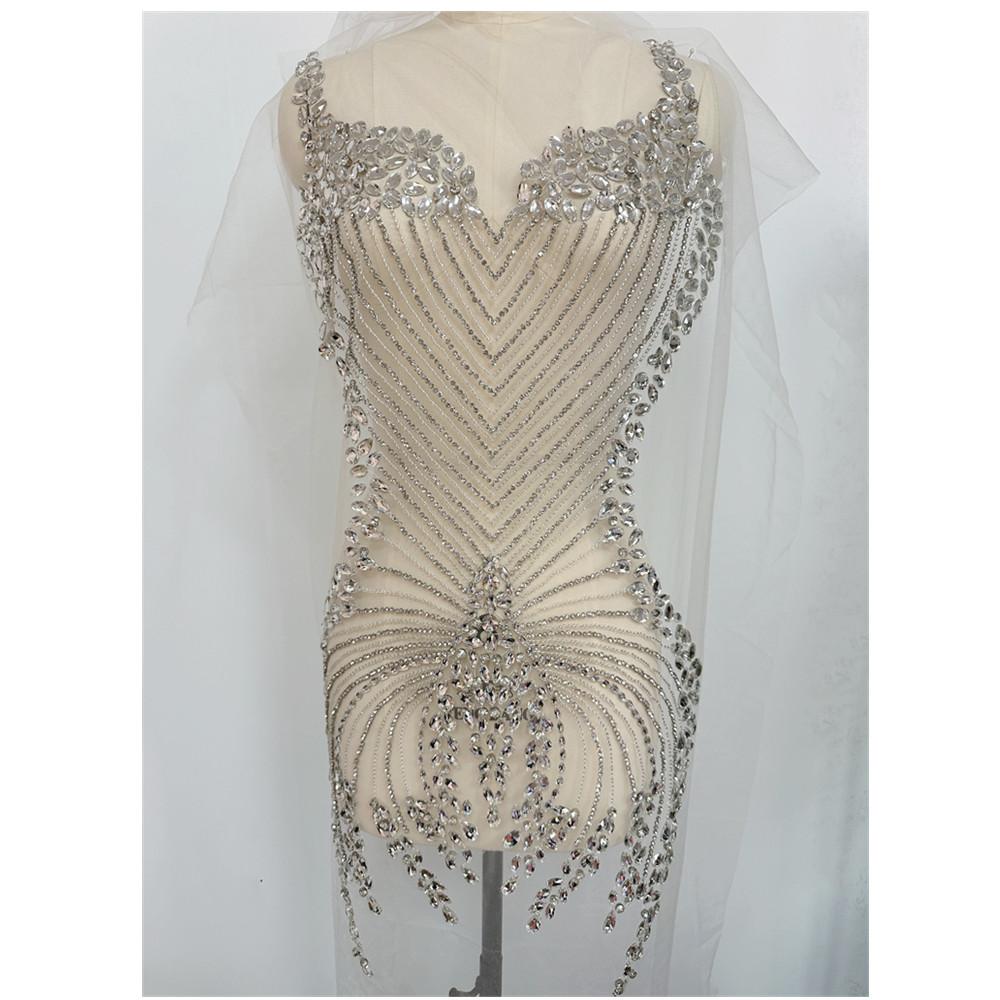 Hot Sell New Handmade Sew on Rhinestone Bodice Patches Appliques for Wedding Party 88CM серебряный
