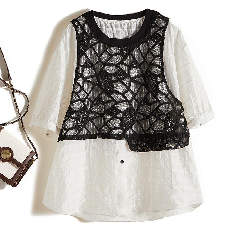 Elegant Star Shirt! Women's Fake Two-Piece Ramie Cotton Breathable Stitching Floral Lace Long Sun Protection T-shirt Summer