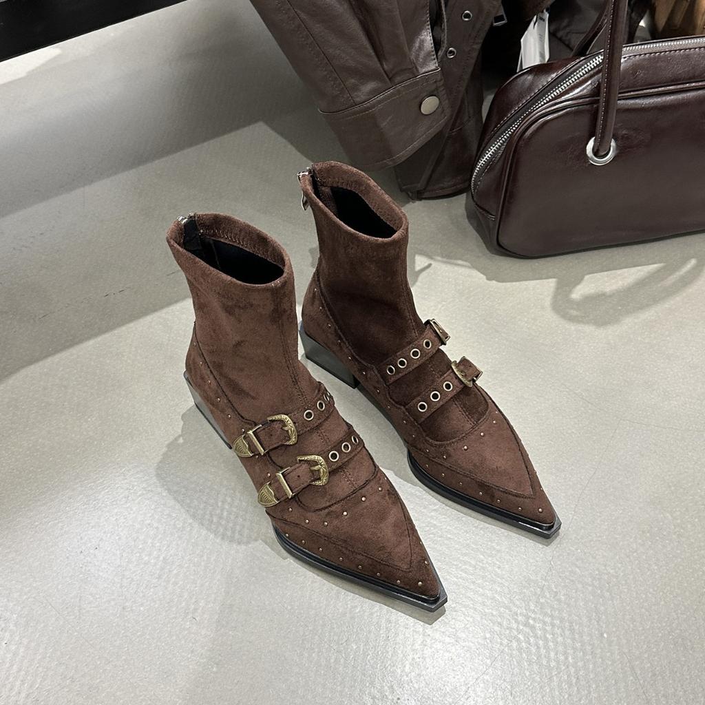 Belt Buckle Suede Pointed Short Boots Women's 2025 Autumn New Thick Heel Sexy Chelsea Boots Fashion Boots Women's Boots