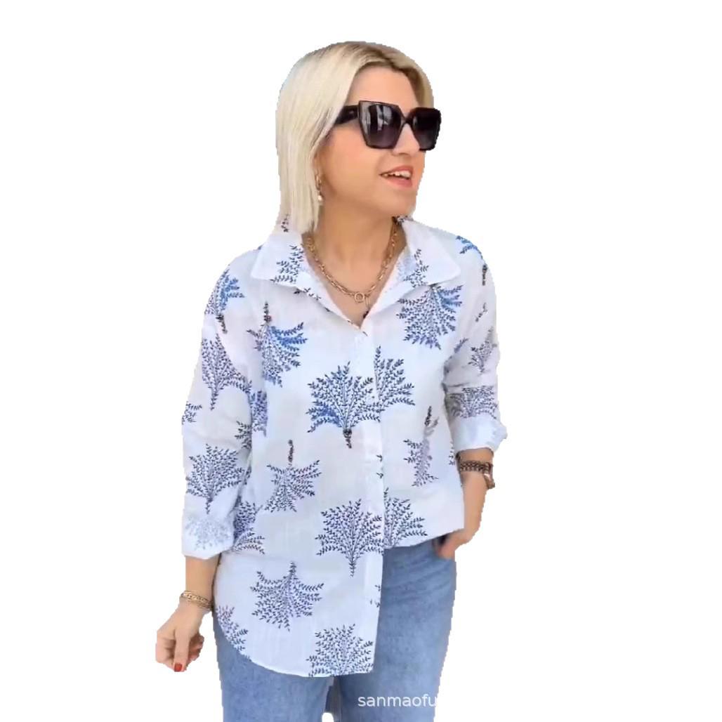 

2025 Свободная повседневная женская рубашка-кардиган с коротким рукавом и растительным принтом 2XL чёрный