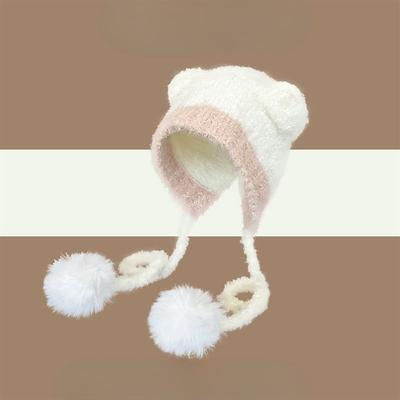 Women's Winter Japanese-Style Cute Teddy Fleece Teddy Bear Ear Strap Hat Autumn Winter Warm Large Head Circumference Earflap Hat