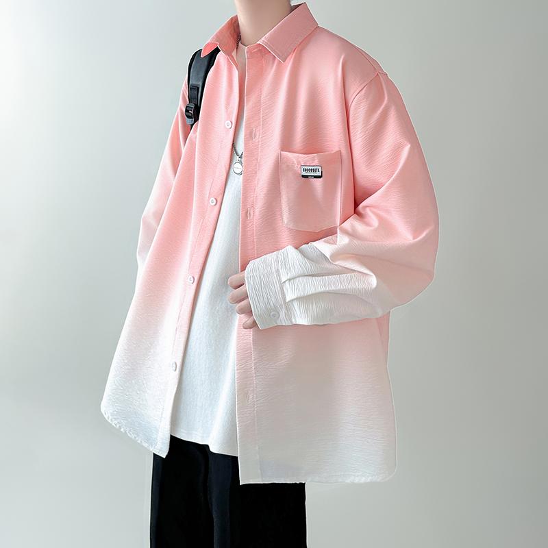 Men's Shirt Gradient Plicated Long Sleeve Shirts Loose Korean Shirt Fashion Casual Oversize Shirt Coat High Quality Clothing